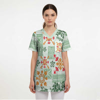 Hawaii Tapa Tribal Scrub Top With Hawaiian Quilt Pattern Green - Polynesian Pride
