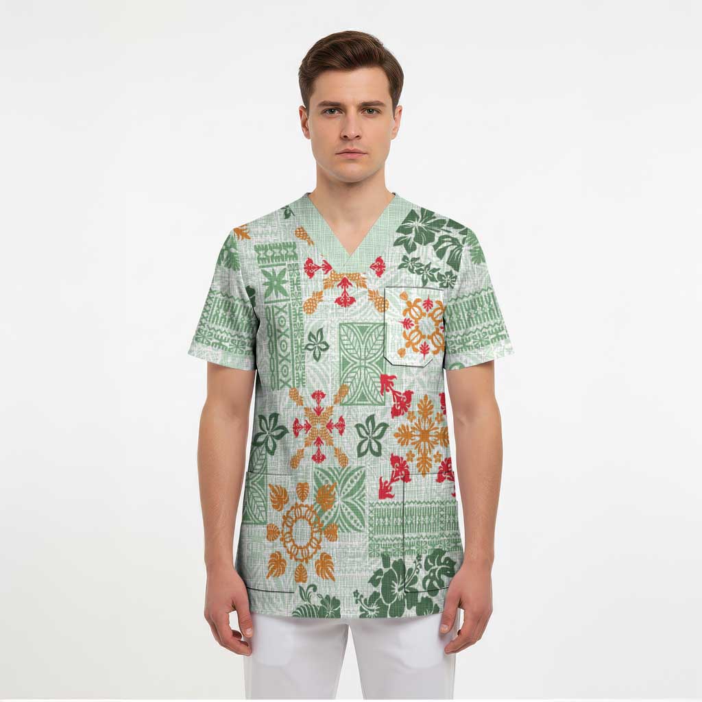 Hawaii Tapa Tribal Scrub Top With Hawaiian Quilt Pattern Green - Polynesian Pride