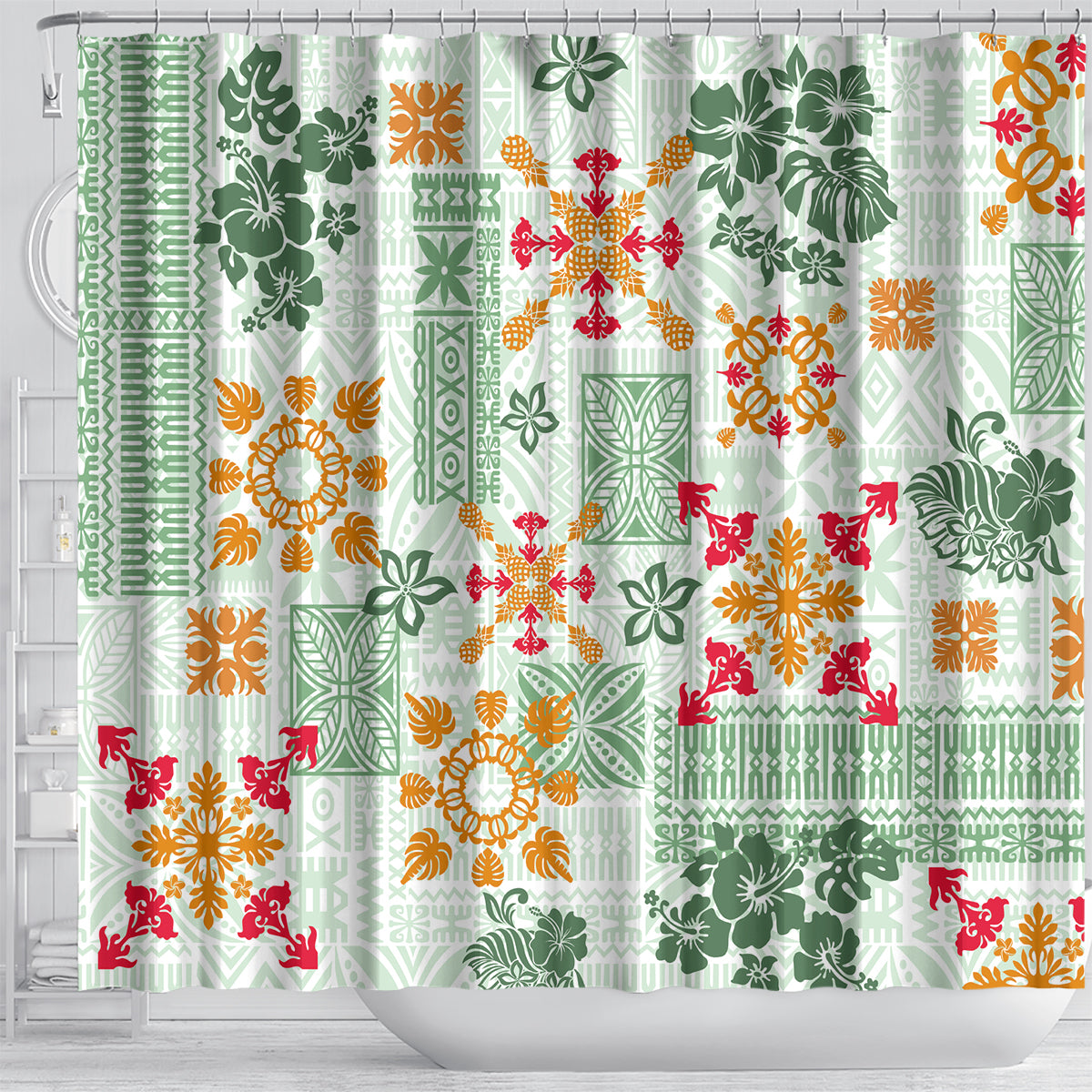Hawaii Tapa Tribal Shower Curtain With Hawaiian Quilt Pattern Green LT9 - Polynesian Pride