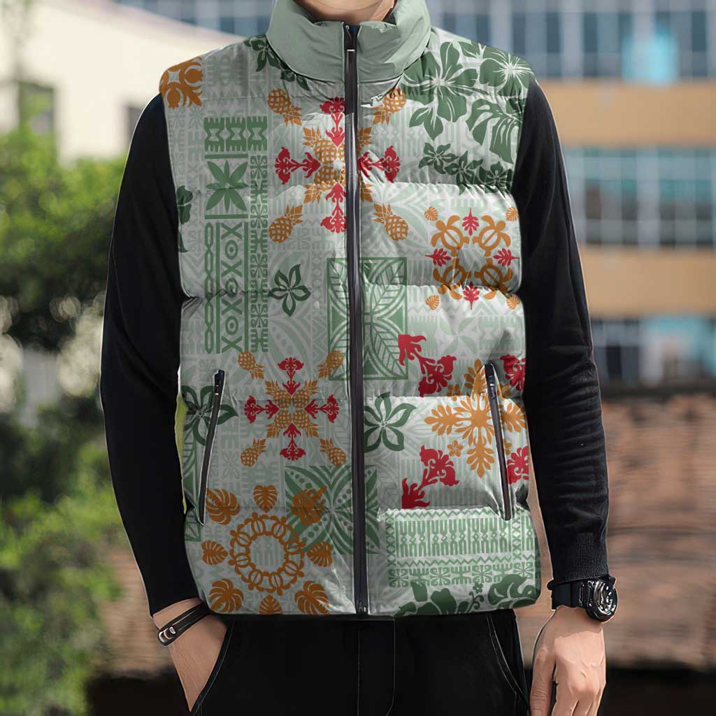 Hawaii Tapa Tribal Sleeveless Puffer Jacket With Hawaiian Quilt Pattern Green - Polynesian Pride