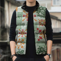 Hawaii Tapa Tribal Sleeveless Puffer Jacket With Hawaiian Quilt Pattern Green - Polynesian Pride