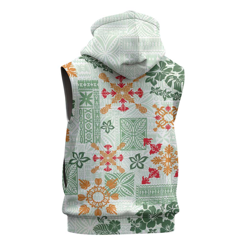 Hawaii Tapa Tribal Sleeveless Zip Hoodie With Hawaiian Quilt Pattern Green - Polynesian Pride