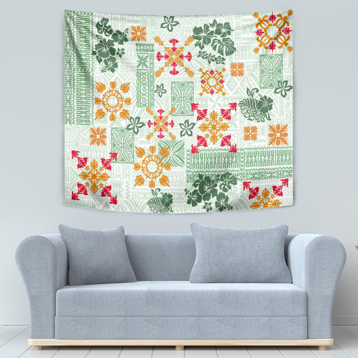 Hawaii Tapa Tribal Tapestry With Hawaiian Quilt Pattern Green LT9 - Polynesian Pride