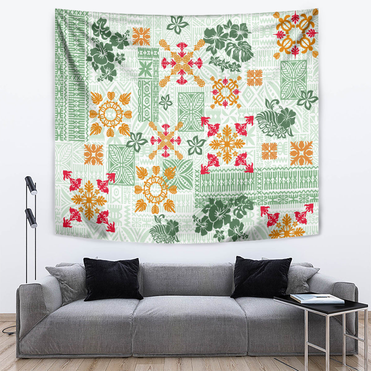Hawaii Tapa Tribal Tapestry With Hawaiian Quilt Pattern Green LT9 - Polynesian Pride