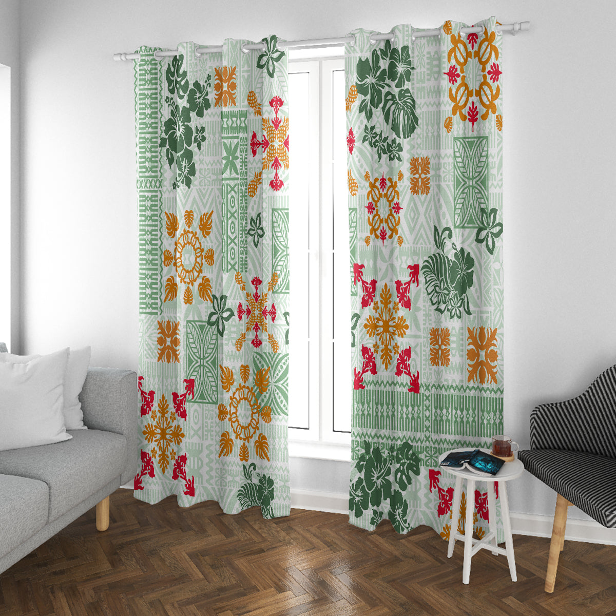 Hawaii Tapa Tribal Window Curtain With Hawaiian Quilt Pattern Green LT9 With Grommets Green - Polynesian Pride