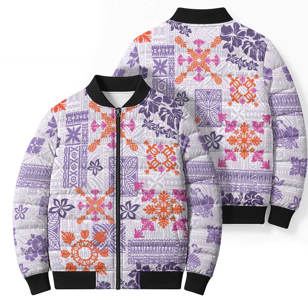 Hawaii Tapa Tribal Bomber Puffer Jacket With Hawaiian Quilt Pattern Violet - Polynesian Pride
