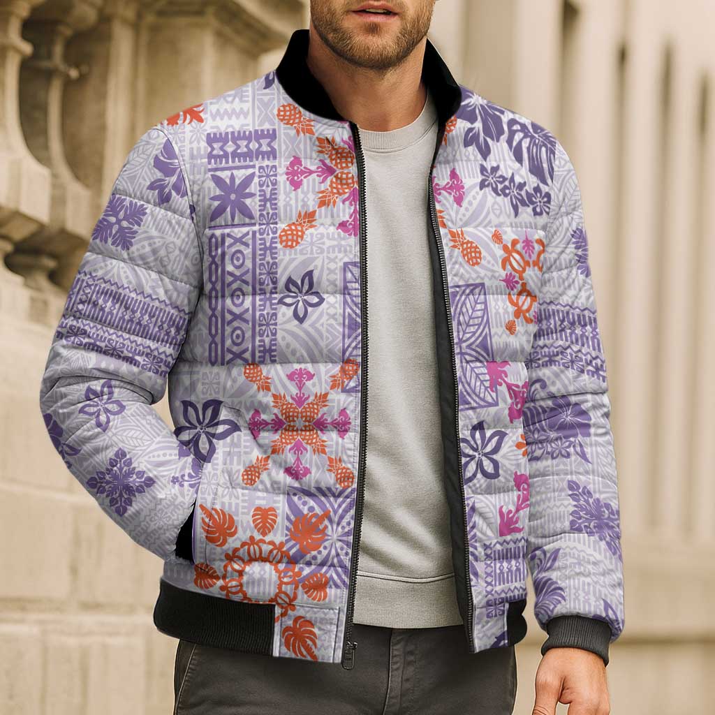 Hawaii Tapa Tribal Bomber Puffer Jacket With Hawaiian Quilt Pattern Violet - Polynesian Pride
