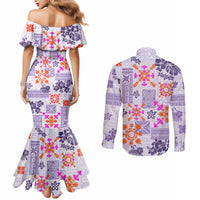 Hawaii Tapa Tribal Couples Matching Mermaid Dress and Long Sleeve Button Shirt With Hawaiian Quilt Pattern Violet LT9 - Polynesian Pride