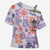 Hawaii Tapa Tribal Cross Shoulder Shirt With Hawaiian Quilt Pattern Violet - Polynesian Pride