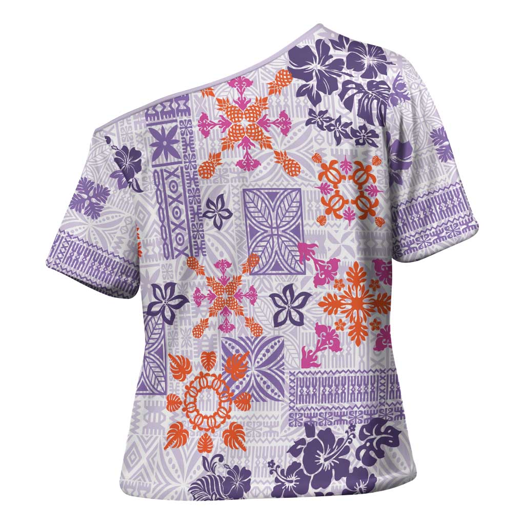 Hawaii Tapa Tribal Cross Shoulder Shirt With Hawaiian Quilt Pattern Violet - Polynesian Pride