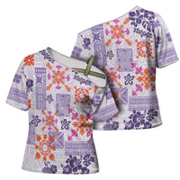 Hawaii Tapa Tribal Cross Shoulder Shirt With Hawaiian Quilt Pattern Violet - Polynesian Pride