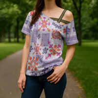 Hawaii Tapa Tribal Cross Shoulder Shirt With Hawaiian Quilt Pattern Violet - Polynesian Pride