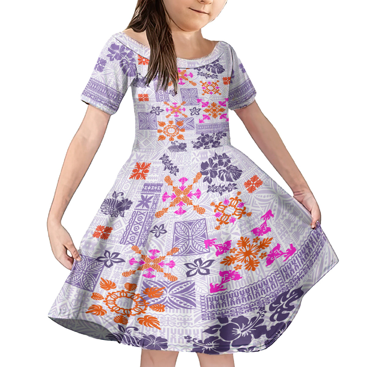 Hawaii Tapa Tribal Family Matching Long Sleeve Bodycon Dress and Hawaiian Shirt With Hawaiian Quilt Pattern Violet LT9 Daughter's Dress Violet - Polynesian Pride