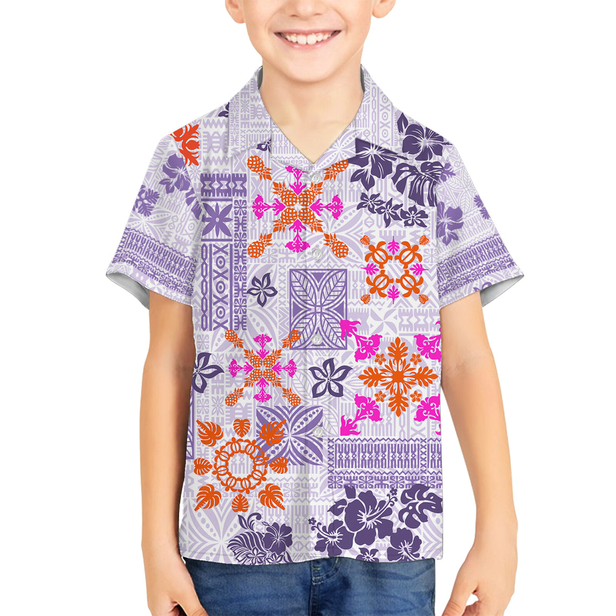 Hawaii Tapa Tribal Family Matching Off Shoulder Long Sleeve Dress and Hawaiian Shirt With Hawaiian Quilt Pattern Violet LT9 Son's Shirt Violet - Polynesian Pride