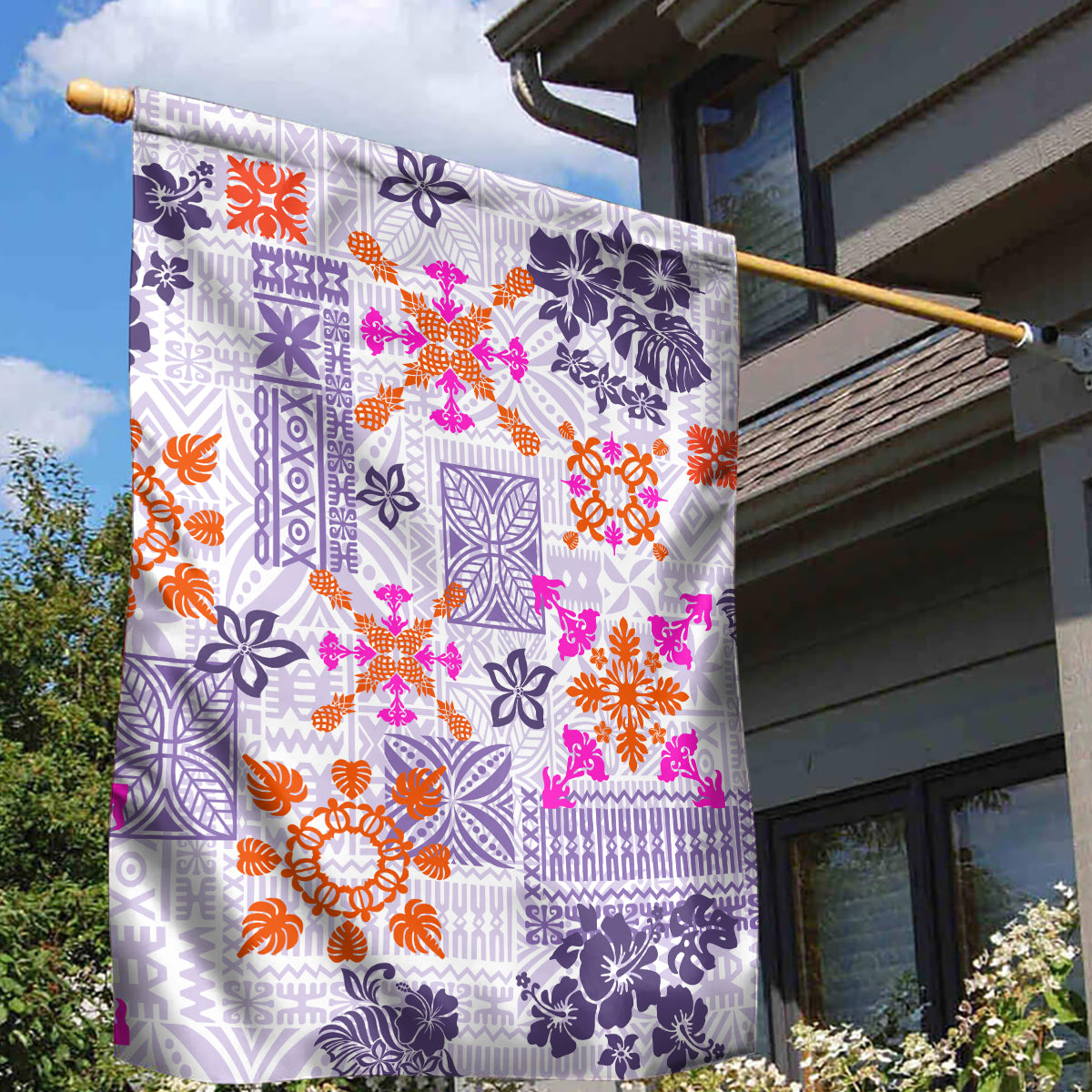 Hawaii Tapa Tribal Garden Flag With Hawaiian Quilt Pattern Violet LT9 - Polynesian Pride
