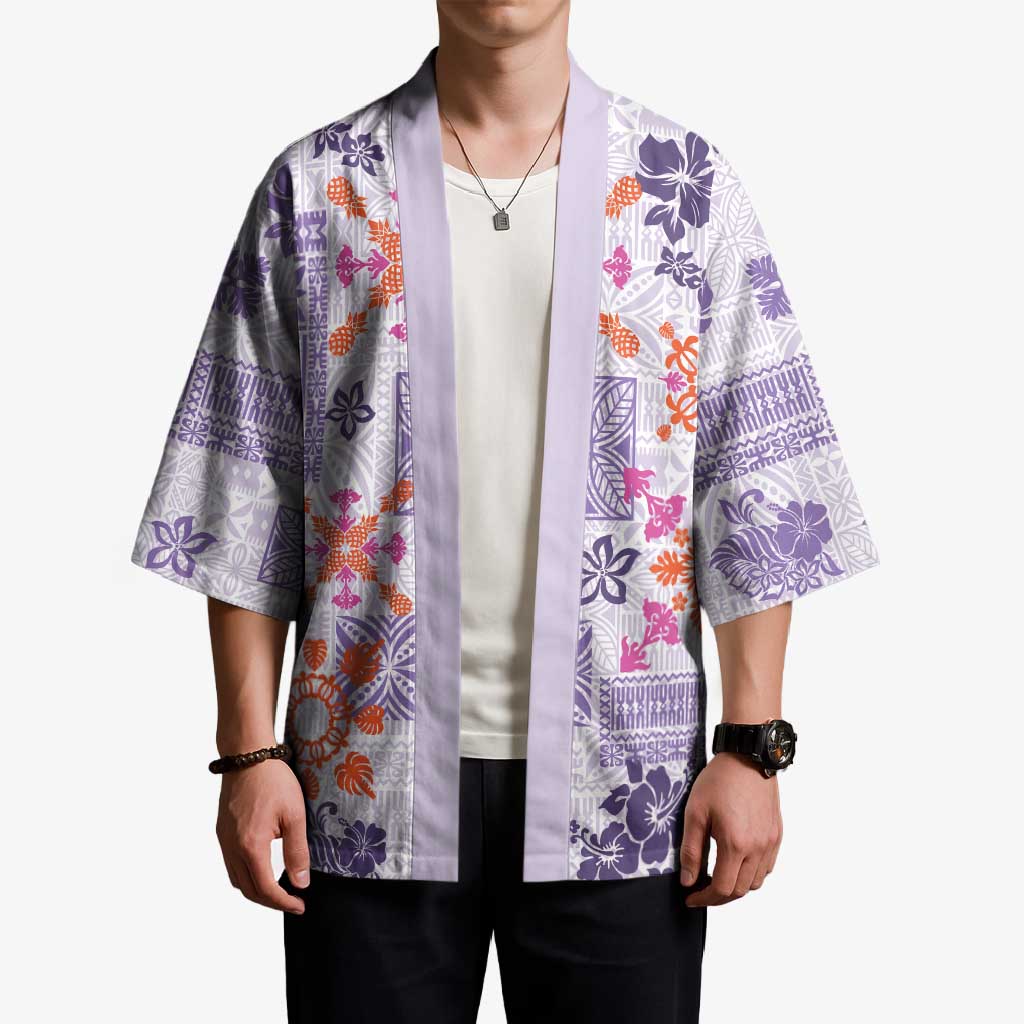 Hawaii Tapa Tribal Kimono With Hawaiian Quilt Pattern Violet - Polynesian Pride