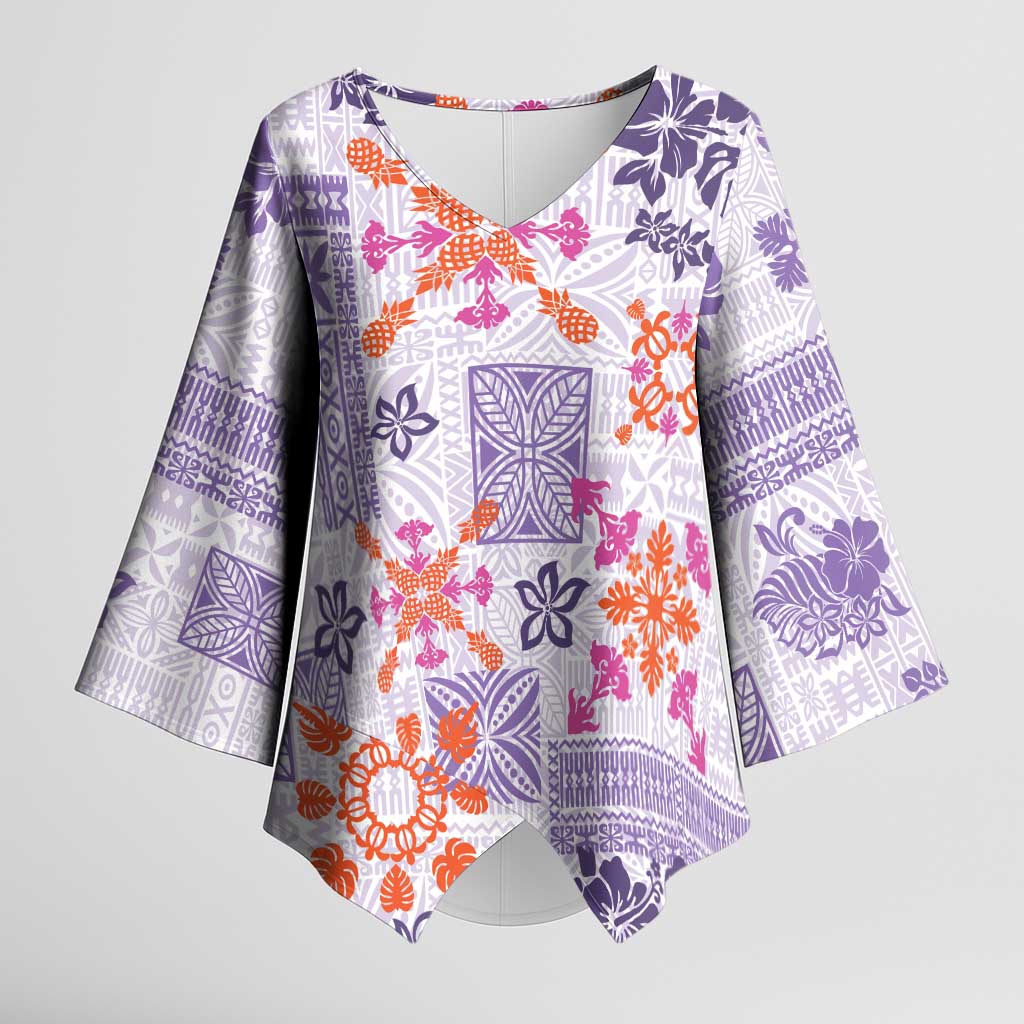 Hawaii Tapa Tribal Kimono Sleeve Blouse With Hawaiian Quilt Pattern Violet - Polynesian Pride
