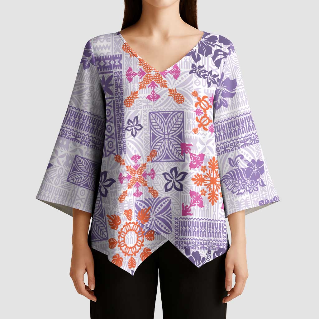 Hawaii Tapa Tribal Kimono Sleeve Blouse With Hawaiian Quilt Pattern Violet - Polynesian Pride
