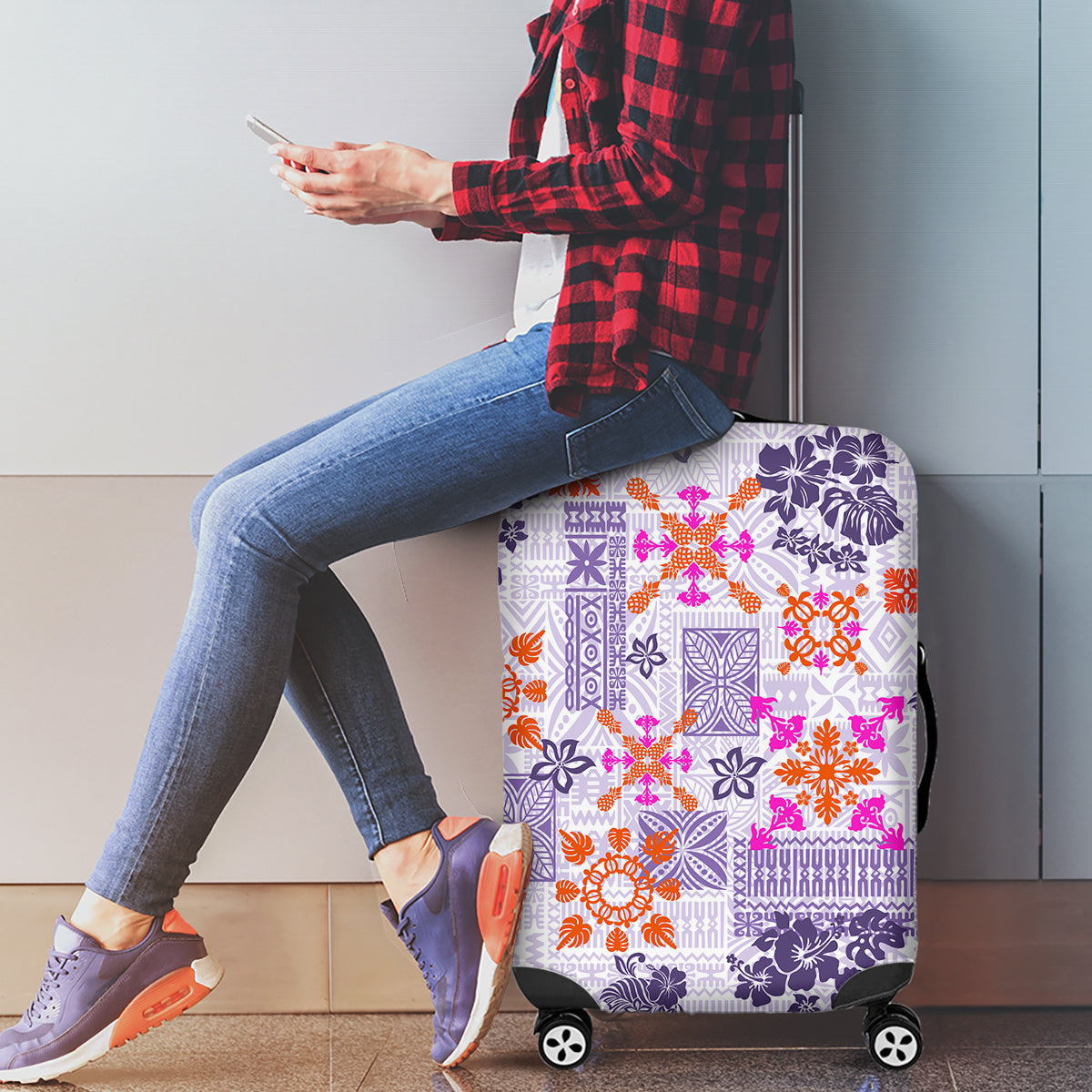 Hawaii Tapa Tribal Luggage Cover With Hawaiian Quilt Pattern Violet LT9 - Polynesian Pride
