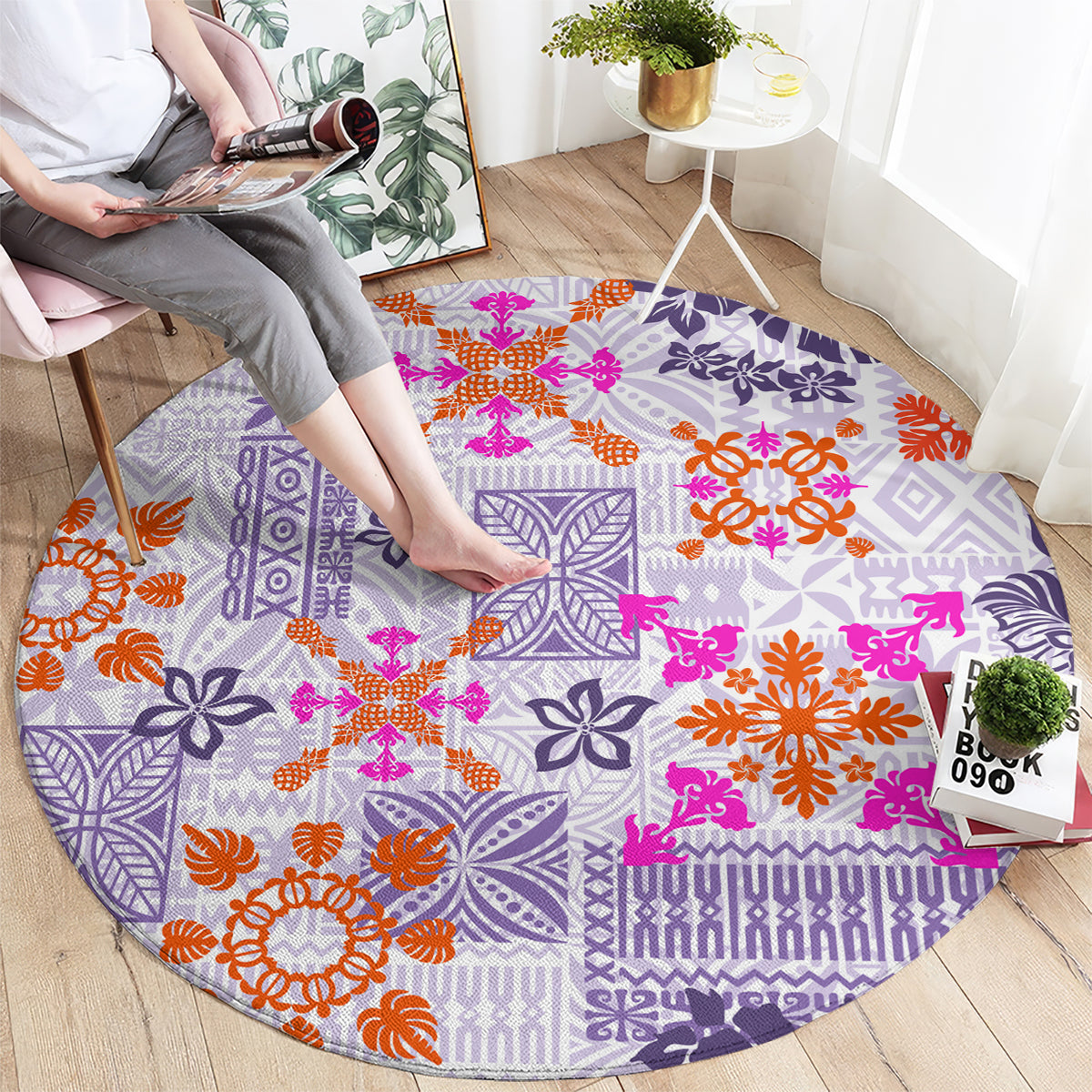 Hawaii Tapa Tribal Round Carpet With Hawaiian Quilt Pattern Violet LT9 - Polynesian Pride