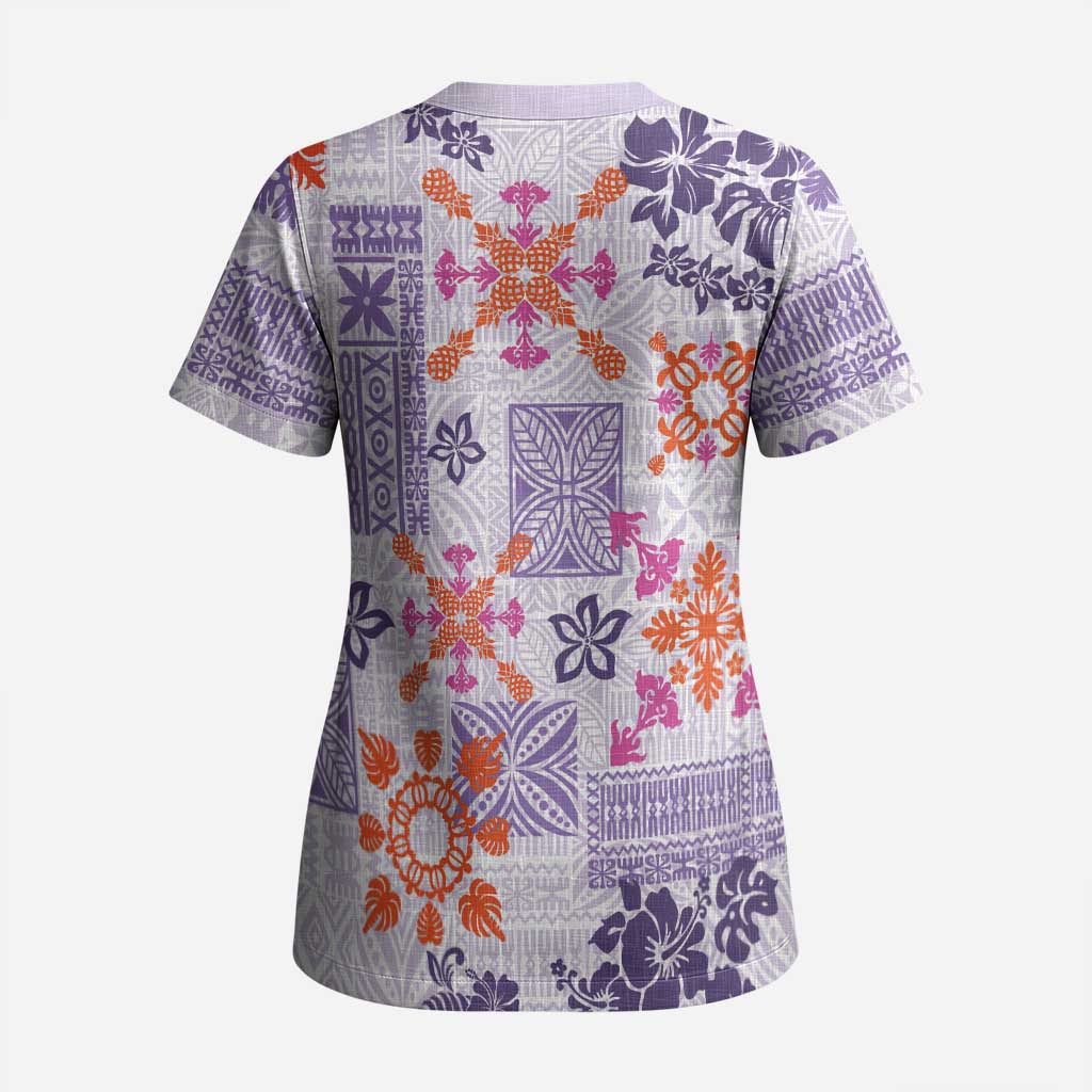 Hawaii Tapa Tribal Scrub Top With Hawaiian Quilt Pattern Violet - Polynesian Pride