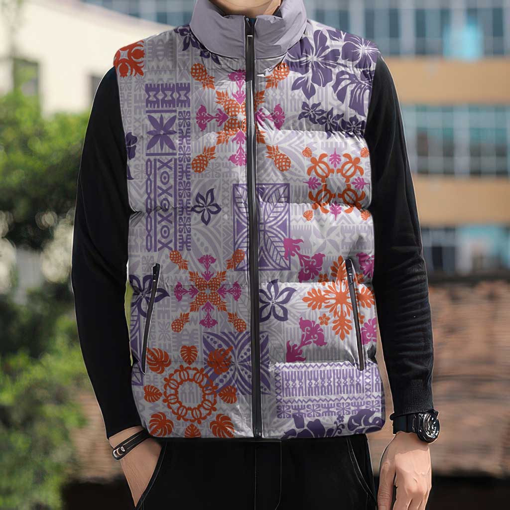 Hawaii Tapa Tribal Sleeveless Puffer Jacket With Hawaiian Quilt Pattern Violet - Polynesian Pride