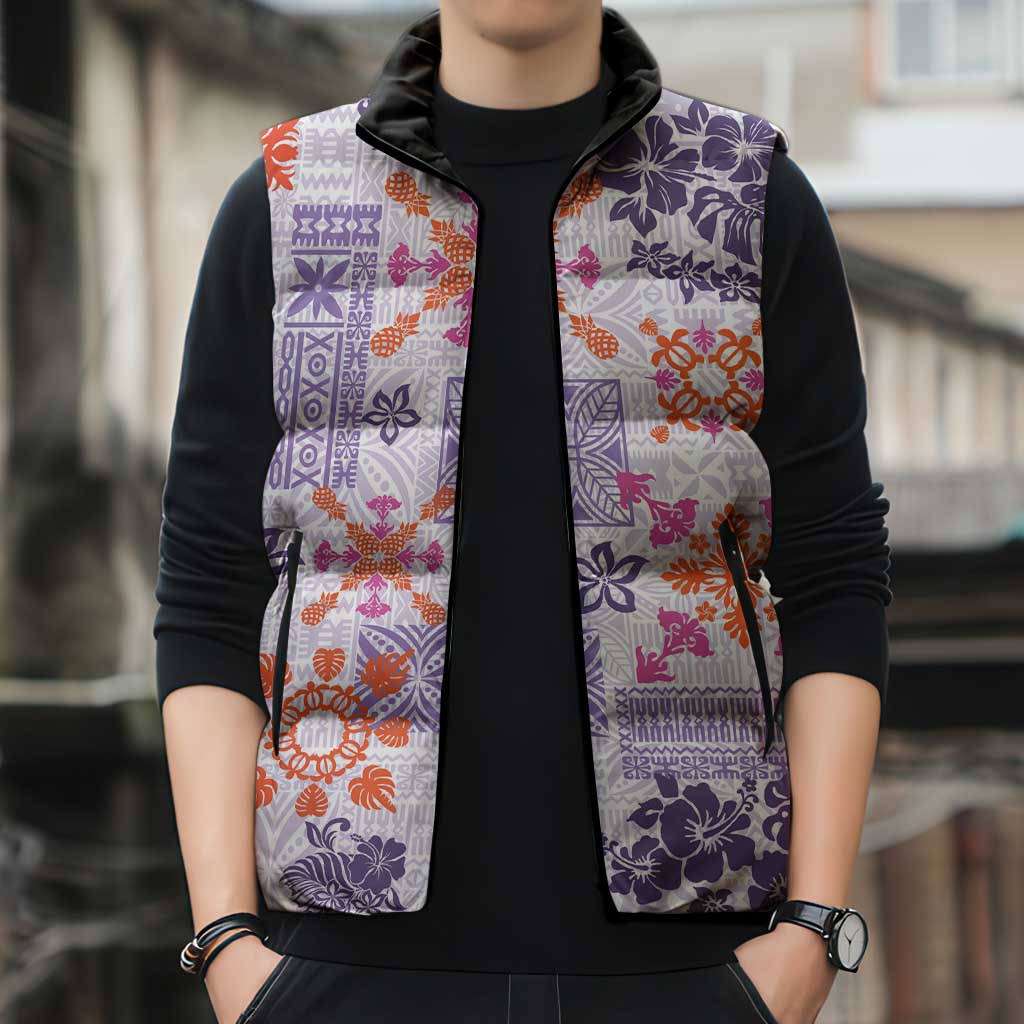 Hawaii Tapa Tribal Sleeveless Puffer Jacket With Hawaiian Quilt Pattern Violet - Polynesian Pride