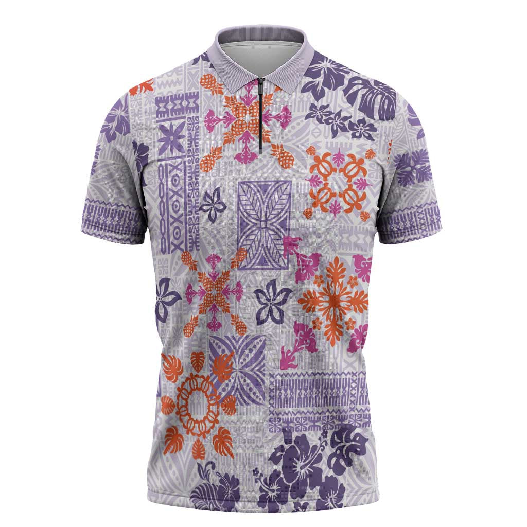 Hawaii Tapa Tribal Zipper Polo Shirt With Hawaiian Quilt Pattern Violet - Polynesian Pride