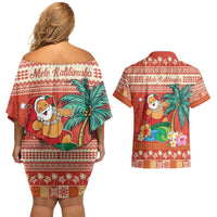 Hawaii Mele Kalikimaka Couples Matching Off Shoulder Short Dress and Hawaiian Shirt Surfing Santa Funny Christmas