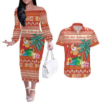 Hawaii Mele Kalikimaka Couples Matching Off The Shoulder Long Sleeve Dress and Hawaiian Shirt Surfing Santa Funny Christmas