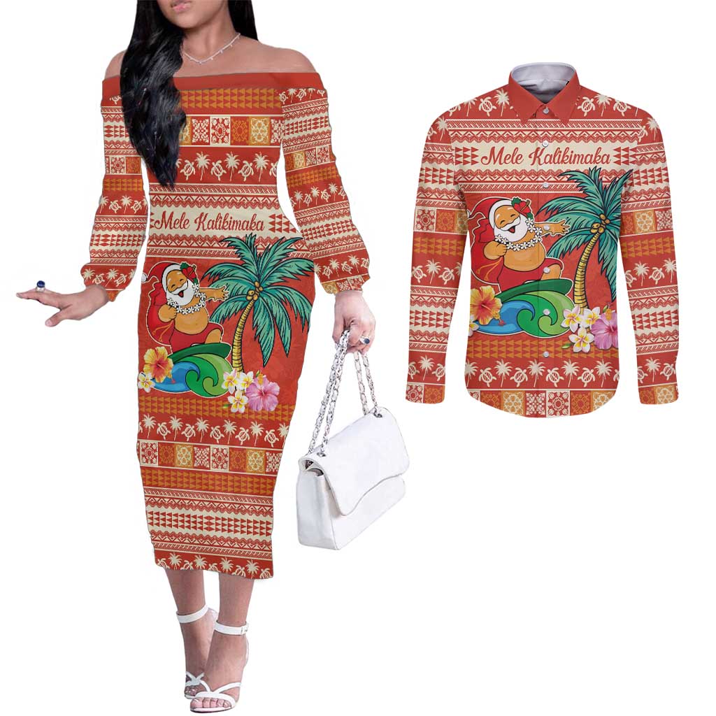 Hawaii Mele Kalikimaka Couples Matching Off The Shoulder Long Sleeve Dress and Long Sleeve Button Shirt Surfing Santa Funny Christmas