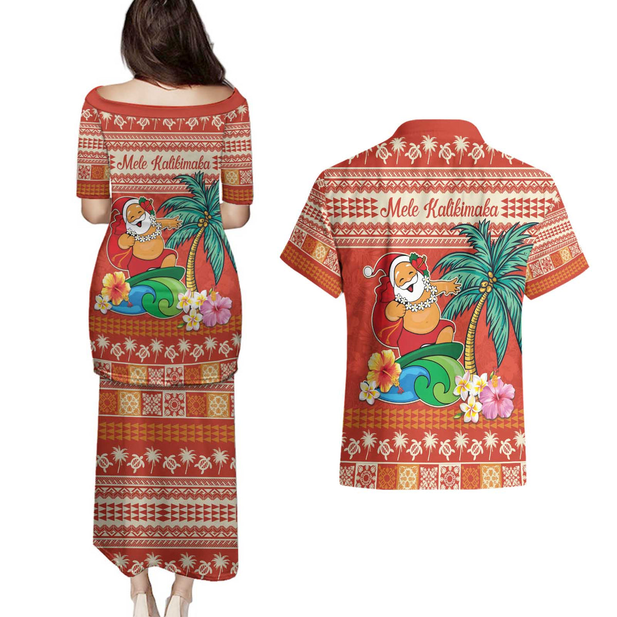 Hawaii Mele Kalikimaka Couples Matching Puletasi and Hawaiian Shirt Surfing Santa Funny Christmas