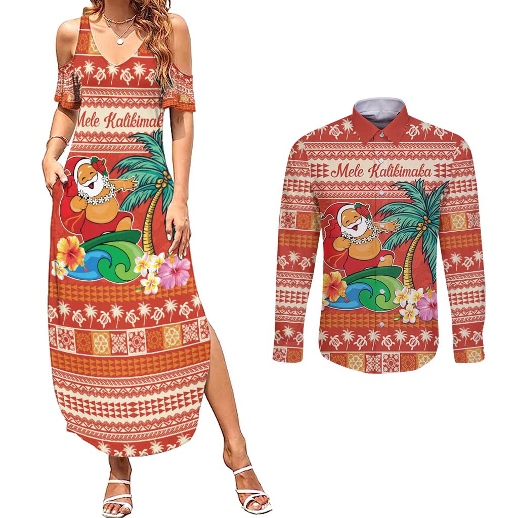 Hawaii Mele Kalikimaka Couples Matching Summer Maxi Dress and Long Sleeve Button Shirt Surfing Santa Funny Christmas