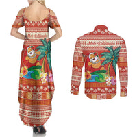 Hawaii Mele Kalikimaka Couples Matching Summer Maxi Dress and Long Sleeve Button Shirt Surfing Santa Funny Christmas