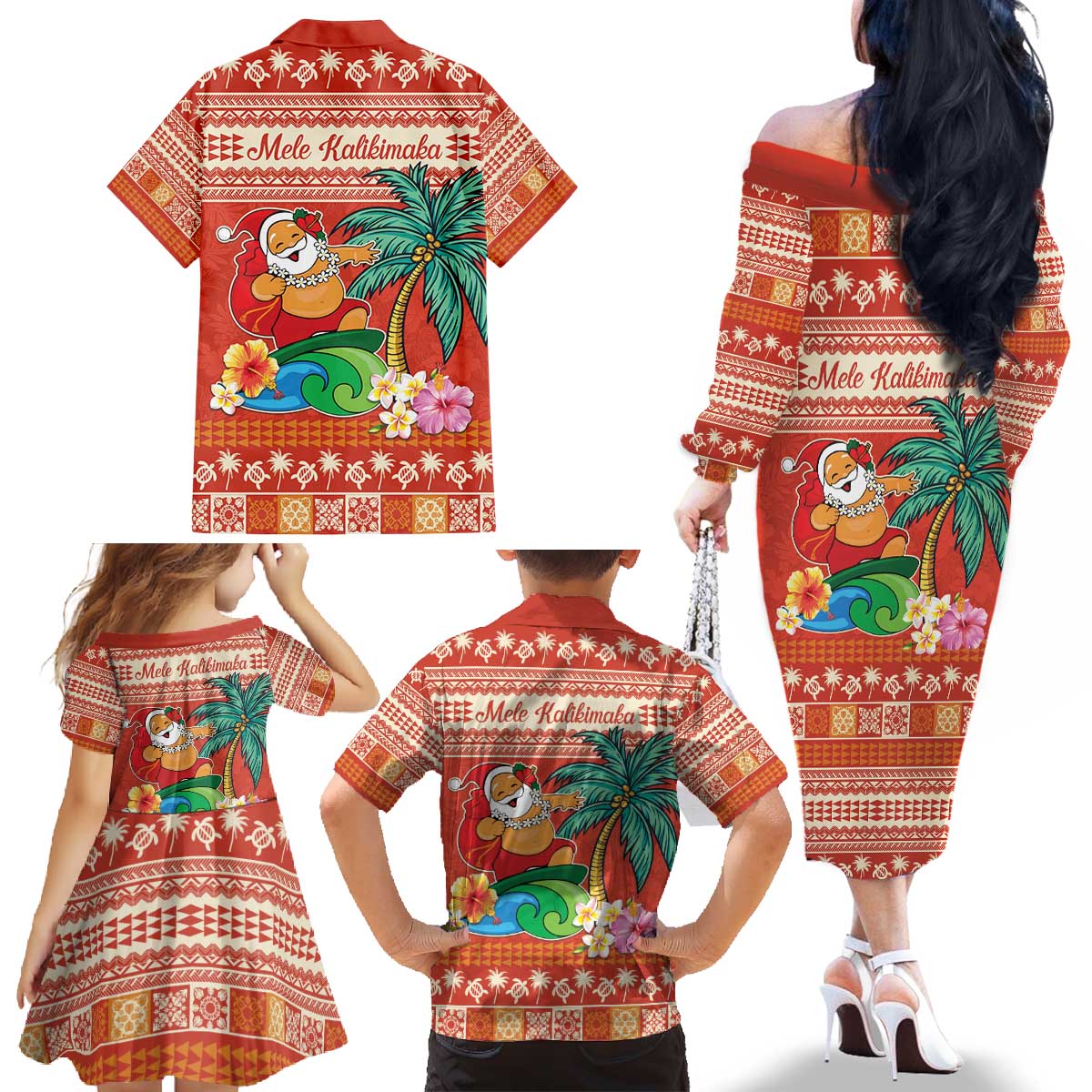 Hawaii Mele Kalikimaka Family Matching Off The Shoulder Long Sleeve Dress and Hawaiian Shirt Surfing Santa Funny Christmas