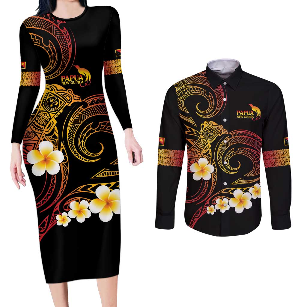 Personalised Papua New Guinea Sepik Couples Matching Long Sleeve Bodycon Dress and Long Sleeve Button Shirt Plumeria Floral Tribal Pattern - Polynesian Pride