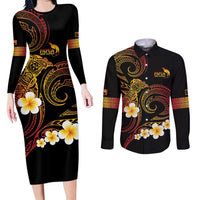 Personalised Papua New Guinea Sepik Couples Matching Long Sleeve Bodycon Dress and Long Sleeve Button Shirt Plumeria Floral Tribal Pattern - Polynesian Pride