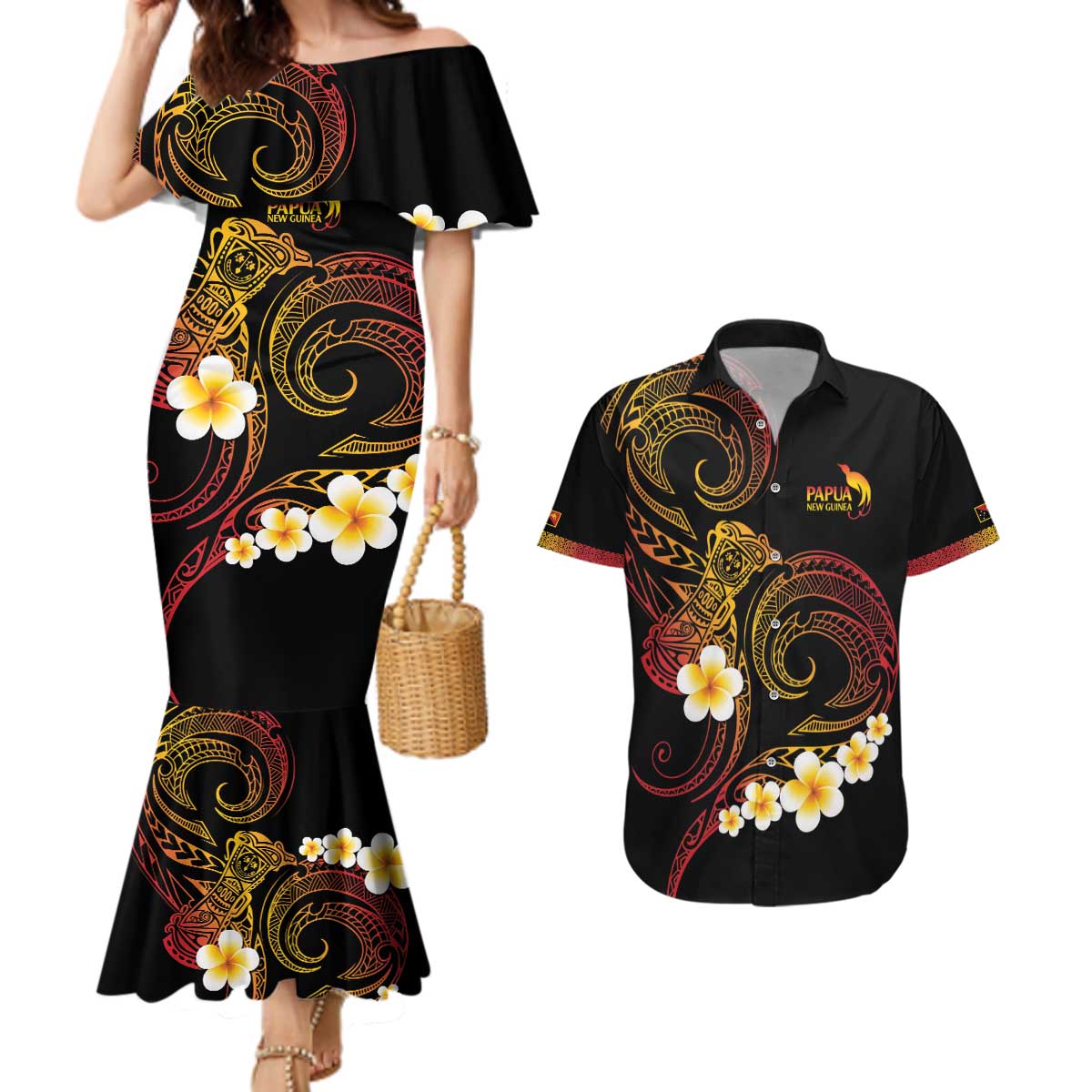 Personalised Papua New Guinea Sepik Couples Matching Mermaid Dress and Hawaiian Shirt Plumeria Floral Tribal Pattern - Polynesian Pride