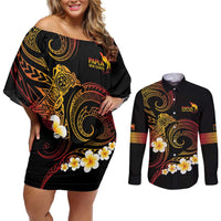 Personalised Papua New Guinea Sepik Couples Matching Off Shoulder Short Dress and Long Sleeve Button Shirt Plumeria Floral Tribal Pattern - Polynesian Pride
