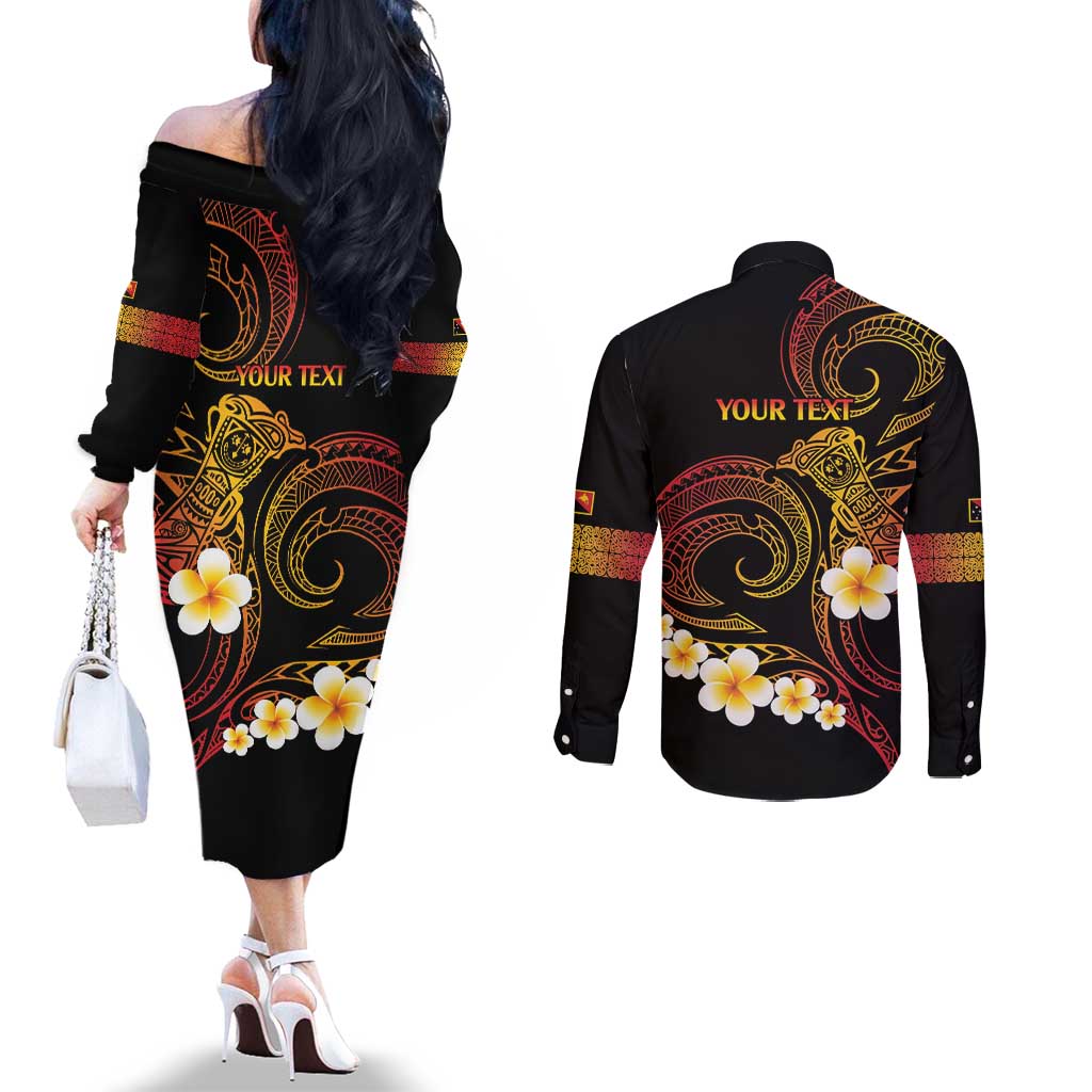 Personalised Papua New Guinea Sepik Couples Matching Off The Shoulder Long Sleeve Dress and Long Sleeve Button Shirt Plumeria Floral Tribal Pattern - Polynesian Pride