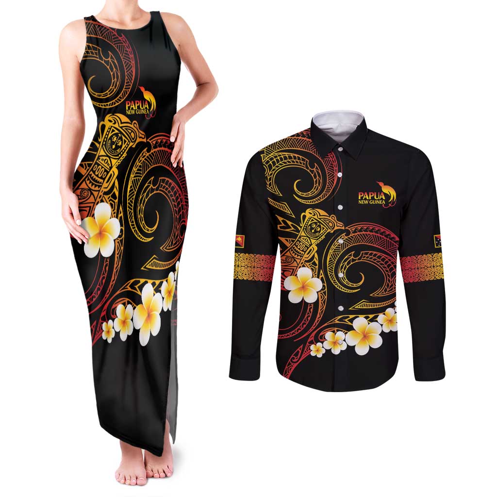 Personalised Papua New Guinea Sepik Couples Matching Tank Maxi Dress and Long Sleeve Button Shirt Plumeria Floral Tribal Pattern - Polynesian Pride