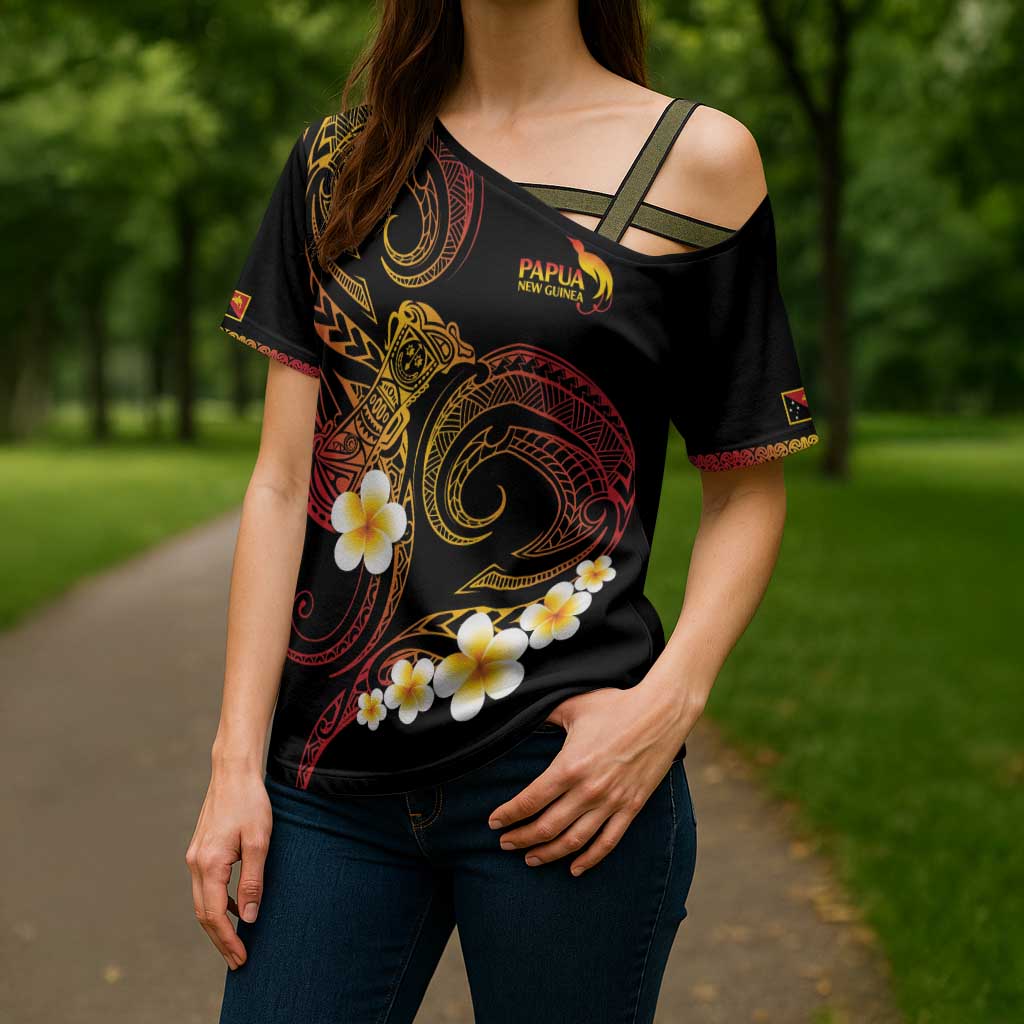 Personalised Papua New Guinea Sepik Cross Shoulder Shirt Plumeria Floral Tribal Pattern - Polynesian Pride