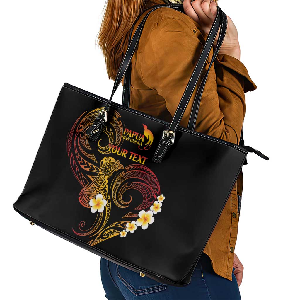 Personalised Papua New Guinea Sepik Leather Tote Bag Plumeria Floral Tribal Pattern - Polynesian Pride
