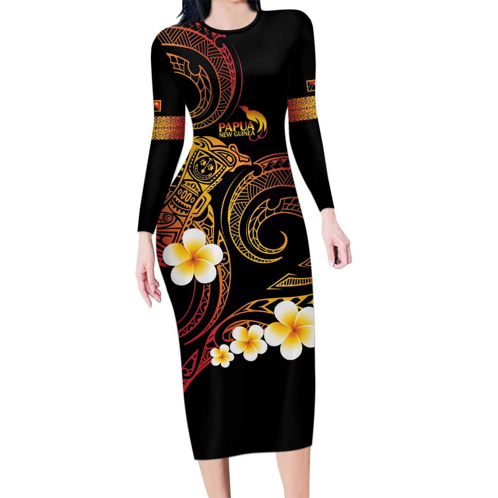 Personalised Papua New Guinea Sepik Long Sleeve Bodycon Dress Plumeria Floral Tribal Pattern - Polynesian Pride