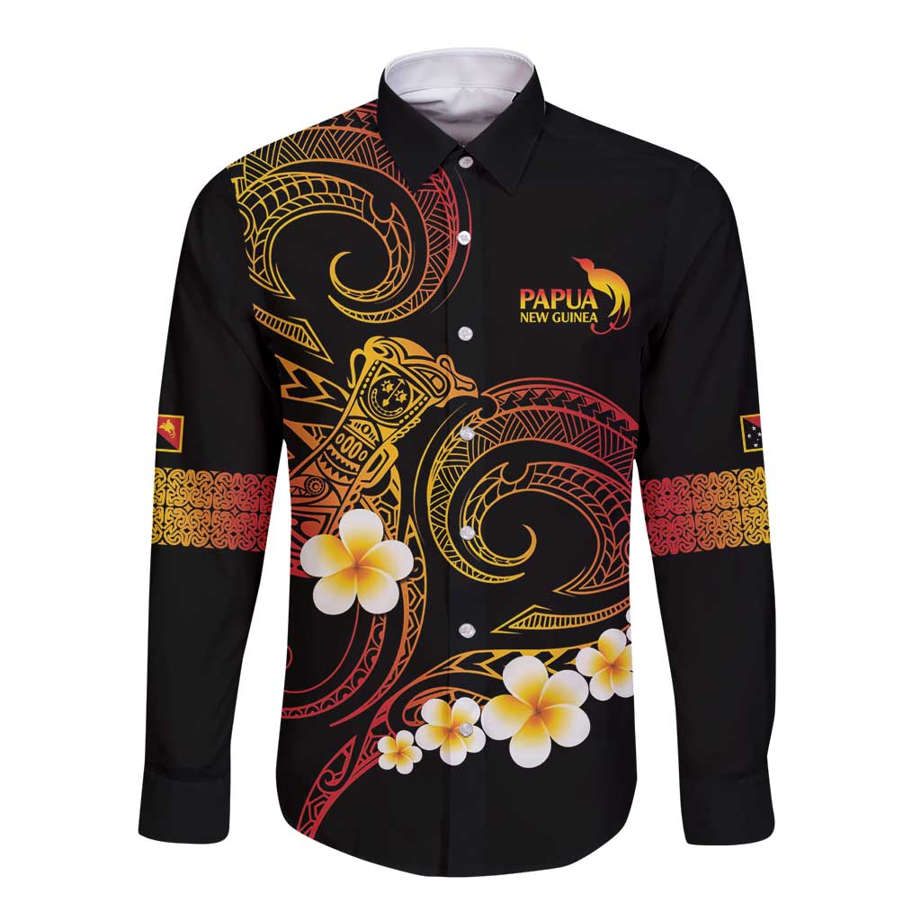 Personalised Papua New Guinea Sepik Long Sleeve Button Shirt Plumeria Floral Tribal Pattern - Polynesian Pride