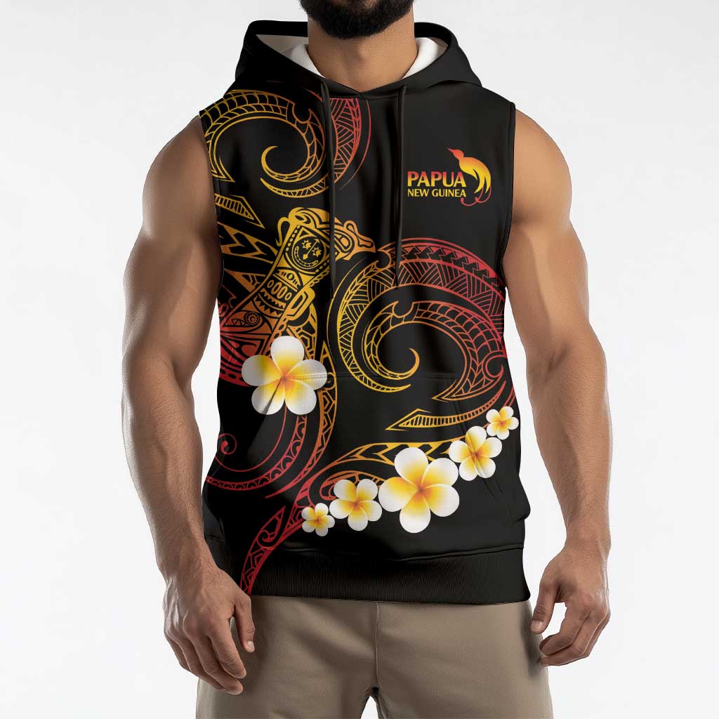 Personalised Papua New Guinea Sepik Sleeveless Hoodie Plumeria Floral Tribal Pattern - Polynesian Pride