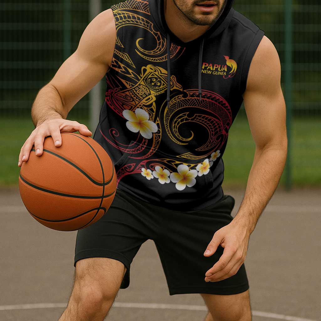 Personalised Papua New Guinea Sepik Sleeveless Hoodie Plumeria Floral Tribal Pattern - Polynesian Pride