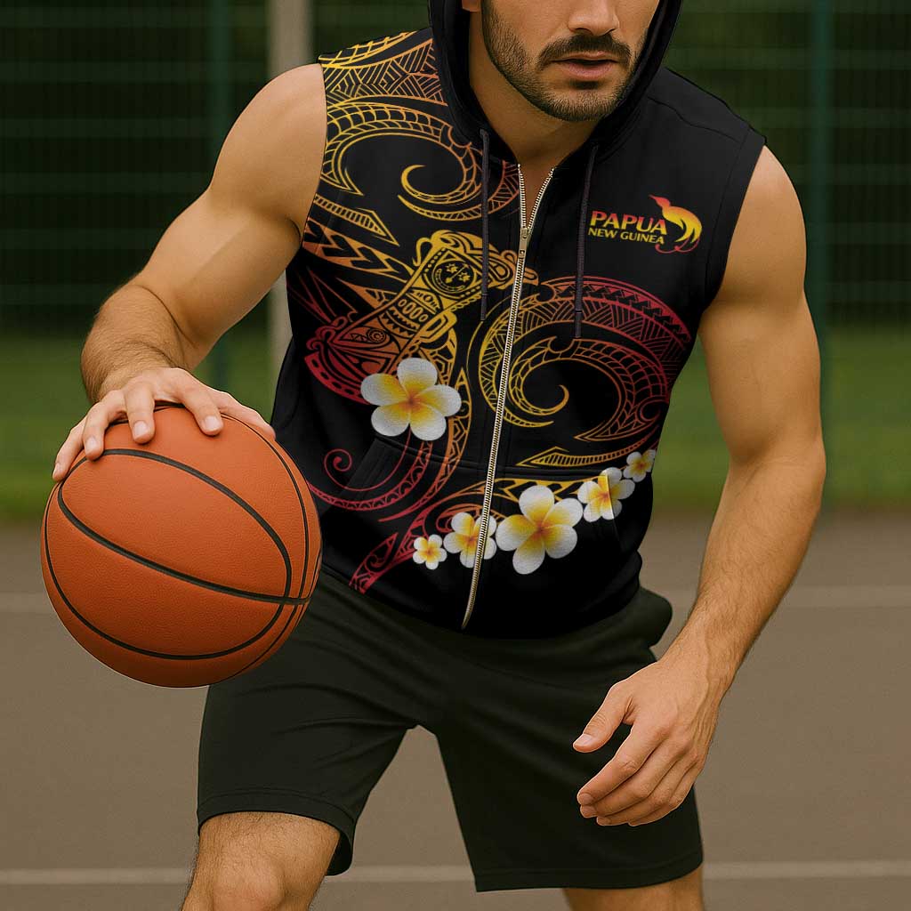 Personalised Papua New Guinea Sepik Sleeveless Zip Hoodie Plumeria Floral Tribal Pattern - Polynesian Pride