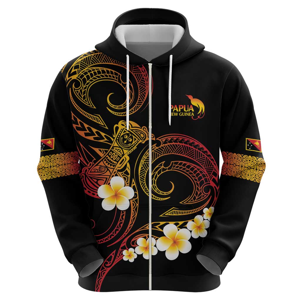 Personalised Papua New Guinea Sepik Zip Hoodie Plumeria Floral Tribal Pattern - Polynesian Pride