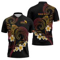 Personalised Papua New Guinea Sepik Zipper Polo Shirt Plumeria Floral Tribal Pattern - Polynesian Pride